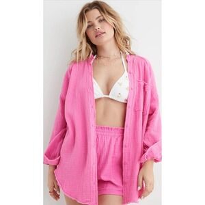 Aerie Gauzy Cotton Hot Pink Button Down Exposed Hem Distressed Oversized XL Soft